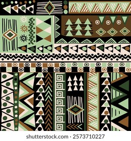 Doodle style pattern with ethnic motifs in green and brown colors