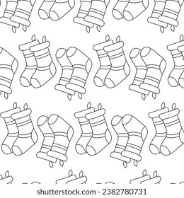 Doodle style pattern with pairs of Christmas socks. Hand drawn pattern for a Christmas pair of socks in doodle style. Vector seamless hand drawing vector pattern of winter socks pair