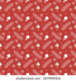 Doodle style patterns. Vector seamless ornaments of ice cream, snowflakes, penguins, Christmas trees and fish