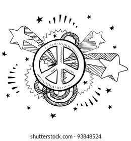 Doodle style peace sign with 1970s pop explosion background sketch in vector format.