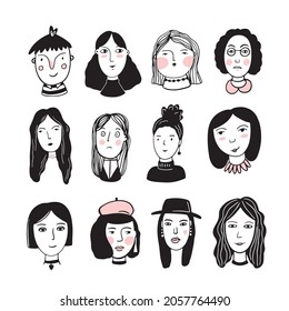 Doodle style people faces. Girls on a white background. Faces of girls, emotions.