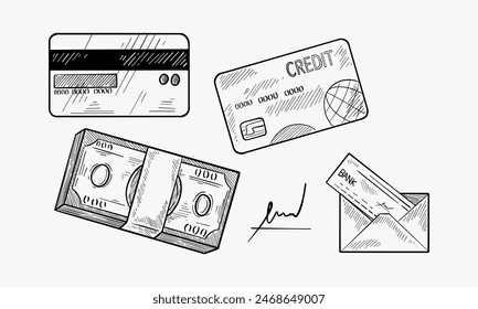 Doodle style personal finances item set in vector format. Set includes cash, personal check, credit card, and signature.