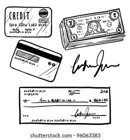 Doodle style personal finances item set in vector format.  Set includes cash, personal check, credit card, and signature.