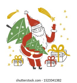 Doodle style picture. Sketch of Santa Claus who is standing and holding Christmas tree in his hand and has gifts under his feet. Santa Claus is having fun smiling. Vector illustration in doodle style