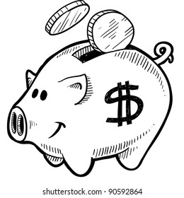 Doodle style piggy bank with dollar sign and coins in vector format