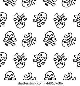 Doodle style pirate skull and crossbones seamless vector pattern. Black and white Halloween background. Hand drawn simple jolly roger monochrome illustration. Scull and cross bones.