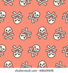 Doodle style pirate skull and crossbones seamless vector pattern. Halloween background. Hand drawn simple jolly roger illustration. Scull and cross bones.