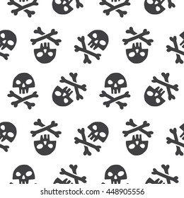 Doodle style pirate skull and crossbones seamless vector pattern. Black and white Halloween background. Hand drawn simple jolly roger illustration.