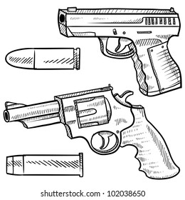 Doodle Style Pistol Or Handgun Sketch Including An Automatic And A Revolver In Vector Format.  Also Included Are Bullets.