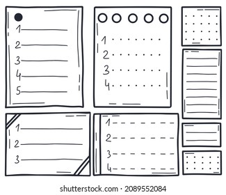 Doodle style planner pages. Hand drawn set of list pages isolated vector illustration. Collection of note paper