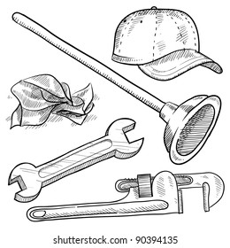 Doodle style plumber or mechanic vector illustration with plunger, ball cap, tissue, wrench, and pipe wrench
