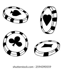 Doodle style poker chips. Hand drawn. Card suits of spades, bubo, cross, hearts. Vector stock illustration. Isolated on white background. 