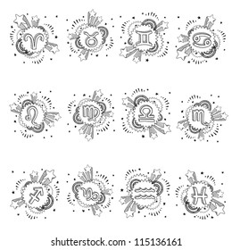 Doodle style pop astrology symbol sketch. Set includes Cancer, Capricorn, Aries, Pisces, Gemini, Aquarius, Sagittarius, Leo, Virgo, Libra, Taurus, Scorpio. Vector format.