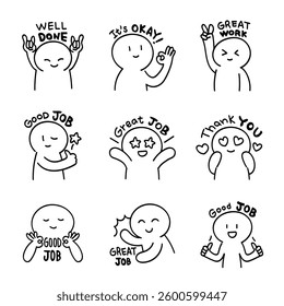 Doodle Style Positive Character Expressions and Phrases Collection.
