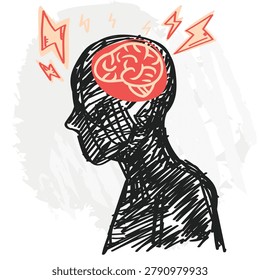 Doodle style profile head showing a red brain surrounded by lightning bolts symbolizing severe corporate pressure.