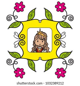 Doodle style queen into a yellow frame with pink flowers and green leaves