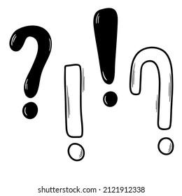Fragezeichen im Doodle-Stil und Ausrufezeichen. Textsymbole.