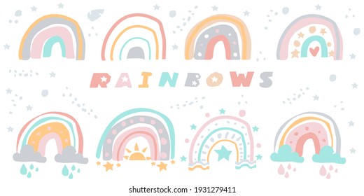 Doodle style rainbow set. Abstract composition of forms. 
Vector set of adorable rainbows clipart in trendy Scandinavian style. Funny, cute, hygge illustration for poster, print