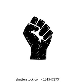 Doodle style raised fist hand on white background. Protest, rebel, fight - isolated vector illustration