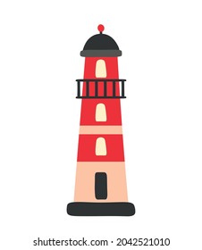 Doodle style red lighthouse building. Marine nautical coastal tower.  Sea coast architecture. Isolated illustration on a white background. Flat vector icon.