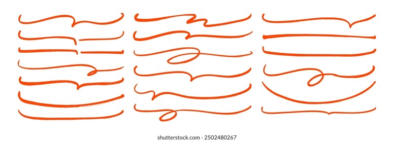 Corchetes rojos de estilo Doodle o paréntesis de subrayado. Dibujado a mano crayón Horizontal ondulado trazos colección para notas. Líneas rasguñosas con bordes y bucles ásperos. Elementos gráficos de Vector Doodle