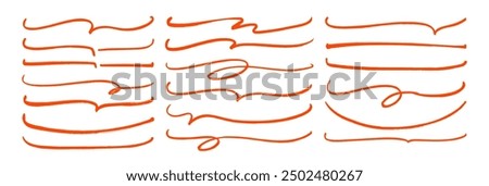 Doodle style red sketchy brackets or underline parenthesis. Hand drawn crayon horizontal wavy strokes collection for notes. Scratchy lines with rough edges and loops. Doodle vector graphic elements