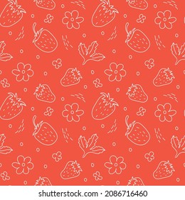 Doodle style red strawberries. Hand-drawn vector seamless pattern. Illustration for background, fabric, paper.