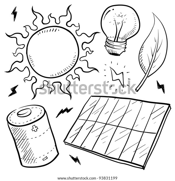 Doodle Style Renewable Solar Energy Equipment Stock Vector (Royalty