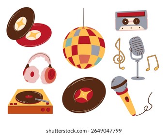 Doodle Style Retro Music Collection. A playful collection of retro music themed doodle illustrations including vinyl record, cassette tape, disco ball, microphone. Perfect for nostalgic audio projects