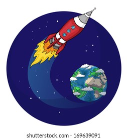 Doodle style retro rocket or spaceship in space, vector illustration