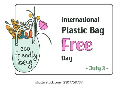Doodle style reusable bag with purchases. International Plastic Bag Free Day. Zero waste, sustainable lifestyle concept. Vector illustration.
