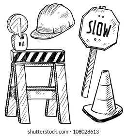Doodle style road construction equipment sketch in vector format. Includes hardhat, sawhorse, caution warning, and slow sign.