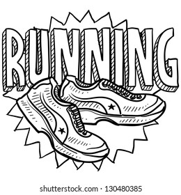 Doodle style running sports illustration.  Includes text and running shoes.