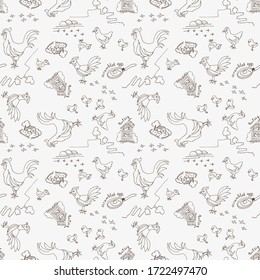 Doodle style rural pattern with the image of hens, chickens, roosters and on a beige background.