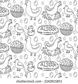 Patrón rural de estilo Doodle con la imagen de gallinas, pollos, gallos y sobre un fondo blanco.