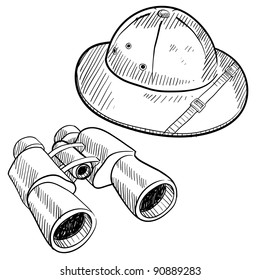 Doodle style safari gear in vector format including hat and binoculars