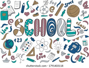 Doodle style school illustration. School drawing.
