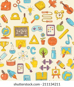 Doodle style, school items theme seamless pattern illustration