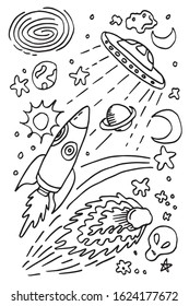 Doodle style science fiction set sketch in vector format. Set includes retro rocket ship and a variety of cartoon planets.doodle space element.