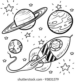 Doodle style science fiction set sketch in vector format.  Set includes retro rocket ship and a variety of cartoon planets