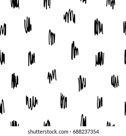 Doodle style scrawl, scratch, scribble seamless vector pattern. Cute, tiny uneven zigzag brush strokes black and white texture. Free hand drawn spots, specks, flecks abstract monochrome background.