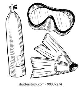 Doodle style scuba gear in vector format including mask, fins, and air tank