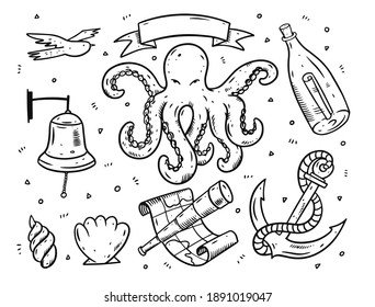 Doodle style sea elements set. Black ink cartoon vector illustration. Isolated on white background.