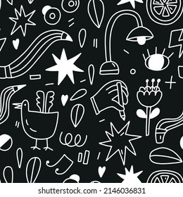 Estilo de garabato sin fisuras patrón abstracto vectorial negro y blanco. Ilustración de línea de mano ahogada en estilo retro.