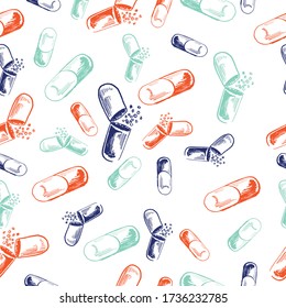Doodle style seamless background pattern with pharmaceutical pills. Vector format. outline colour