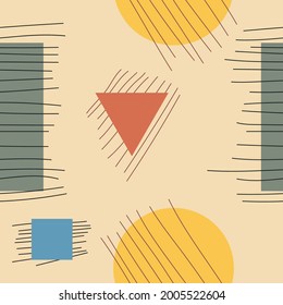 Doodle-Stil mit nahtlosen geometrischen Mustern auf gelbem Hintergrund. Farbiges geometrisches Muster.