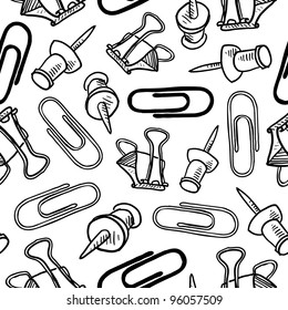 Doodle style seamless office supplies background pattern that can be tiled in vector format.  Includes paperclips, pushpins, and butterfly clips.