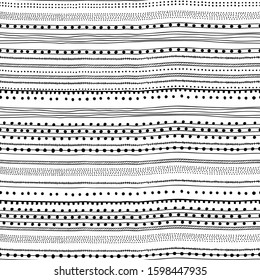 Doodle style seamless pattern. Black and white striped print for textiles. Simple cute background. Vector illustration.