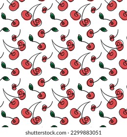 Patrón sin fisuras de estilo Doodle con cerezas y hojas de cerezo sobre fondo blanco