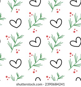 Doodle style seamless pattern for Christmas concept. Branches and winter berries.